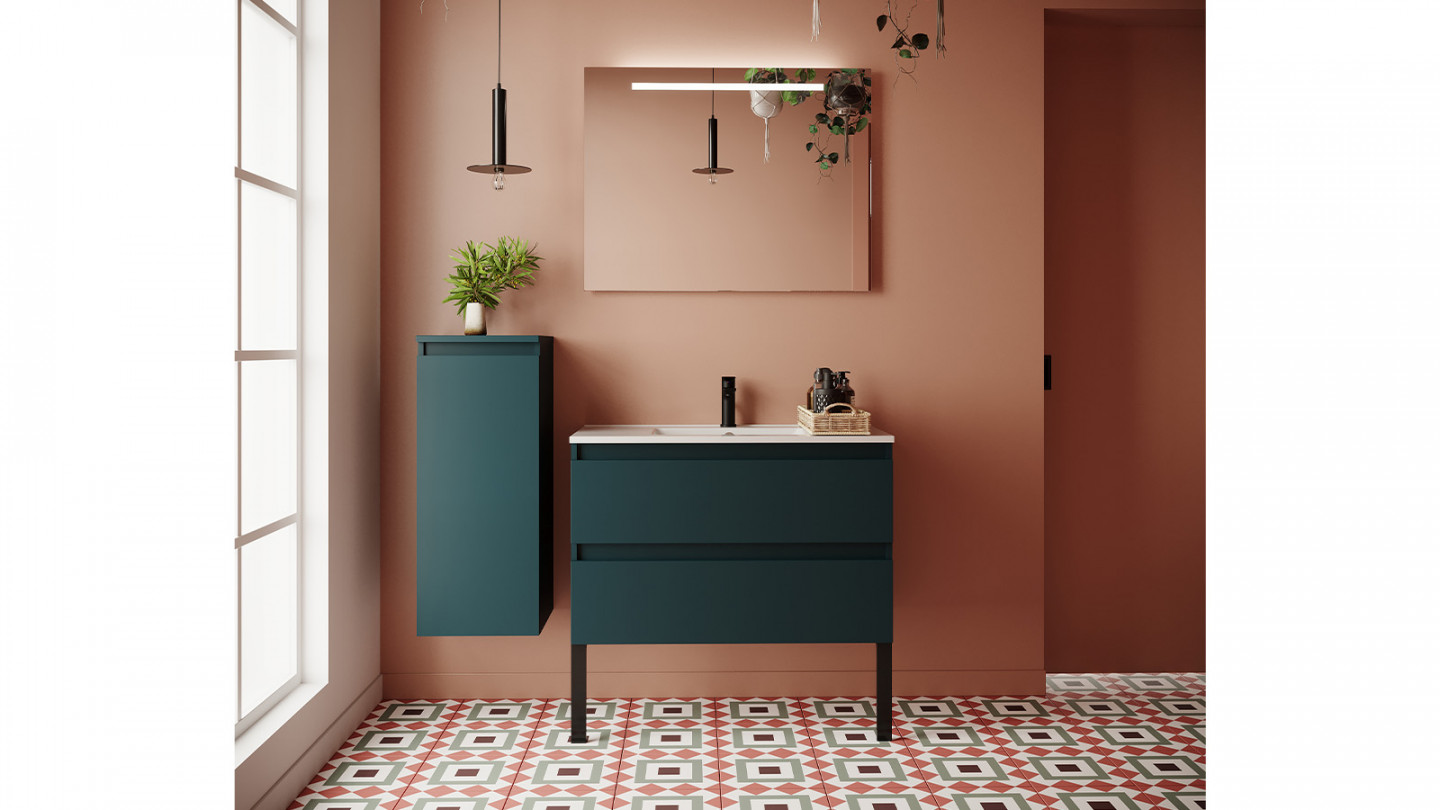 Meuble de salle de bain suspendu vasque intégrée 90cm 2 tiroirs Bleu