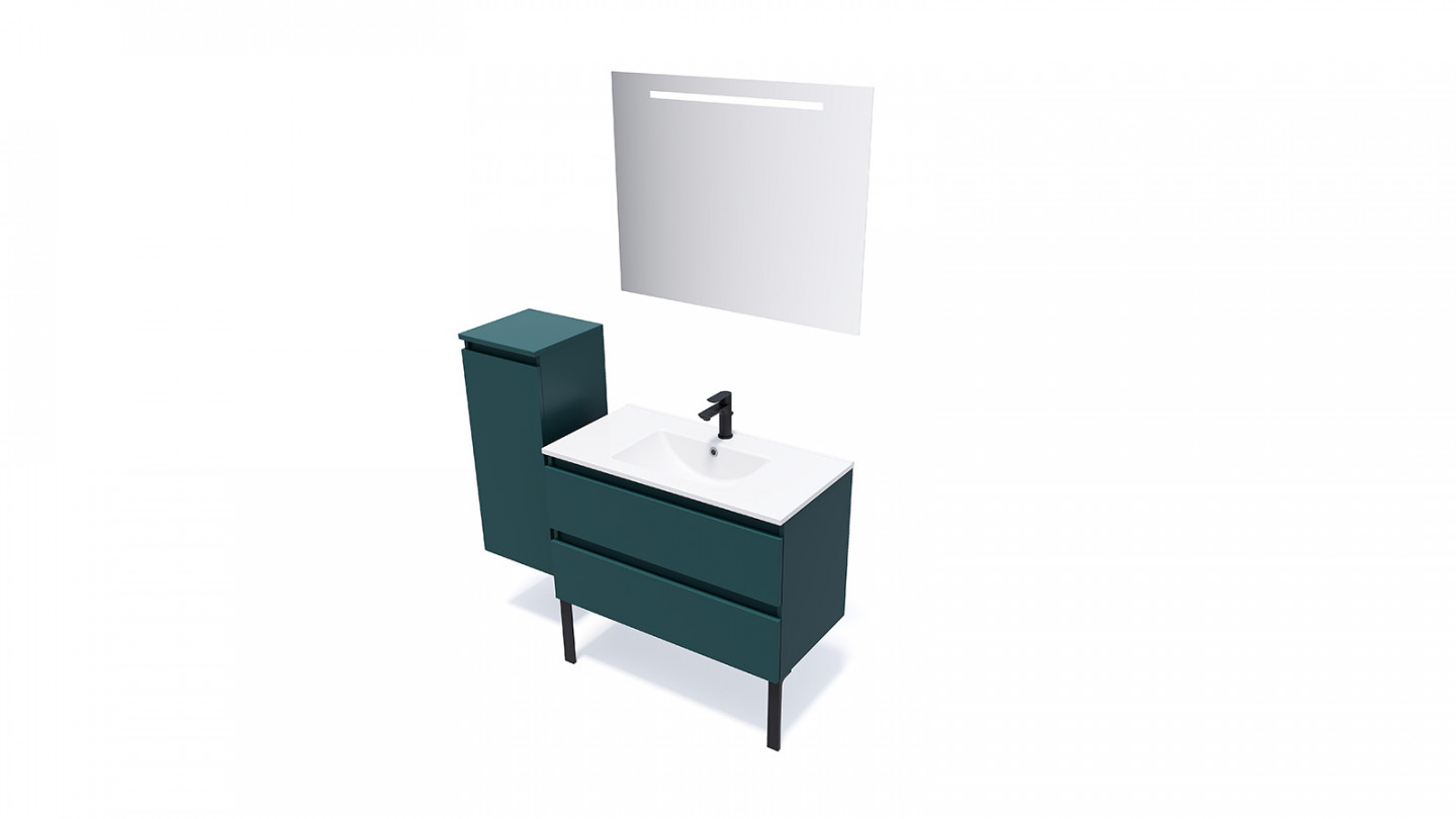 Meuble de salle de bain suspendu vasque intégrée 90cm 2 tiroirs Bleu + miroir + colonne ouverture gauche - Rivage