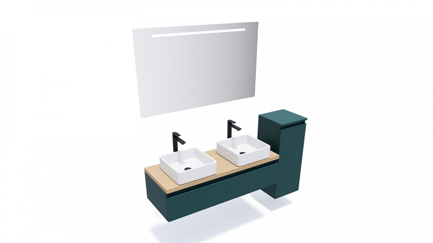 Meuble de salle de bain suspendu 2 vasques à poser 120cm 1 tiroir Bleu + miroir + colonne ouverture droite - Rivage