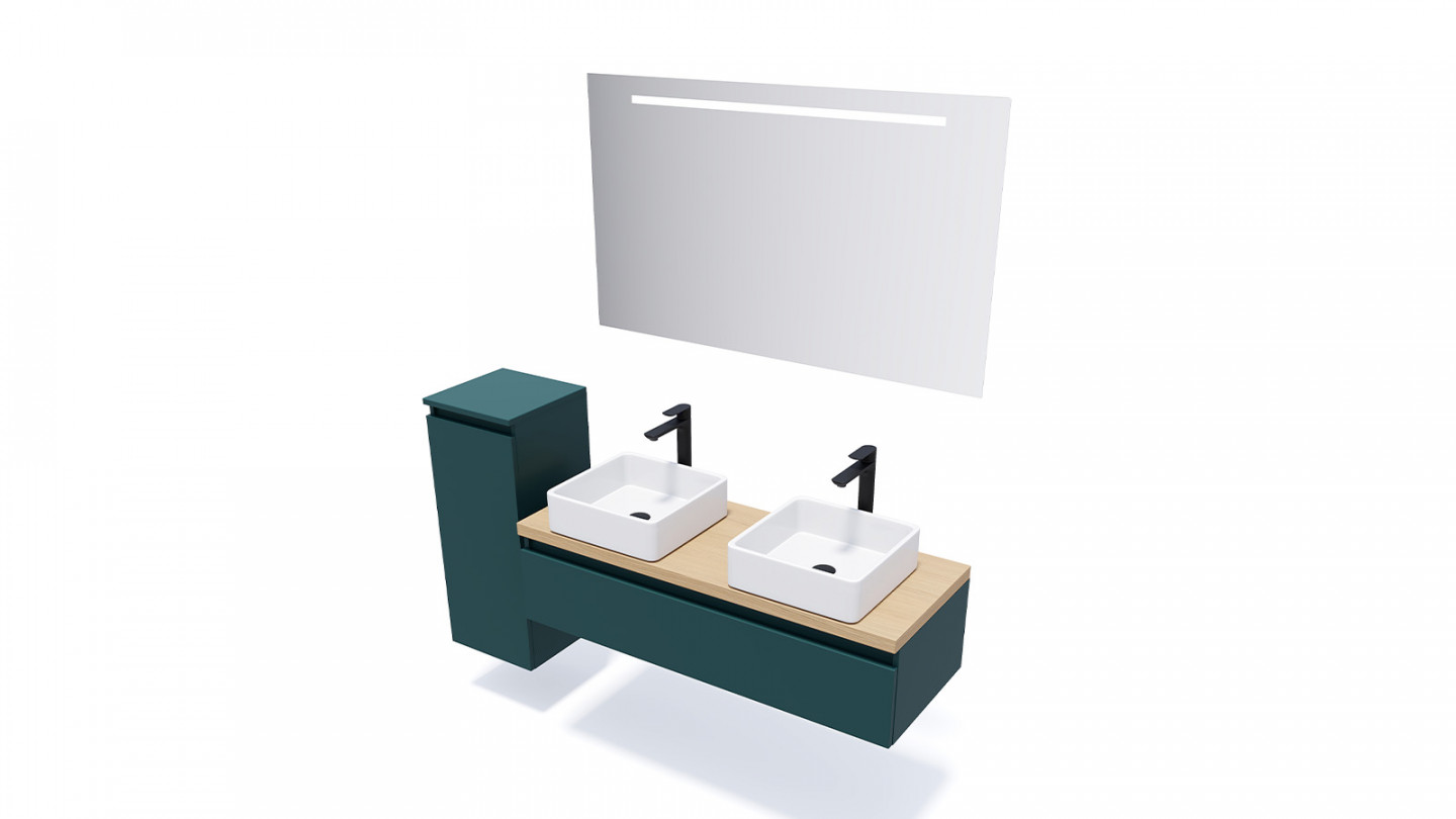Meuble de salle de bain suspendu 2 vasques à poser 120cm 1 tiroir Bleu + miroir + colonne ouverture gauche - Rivage