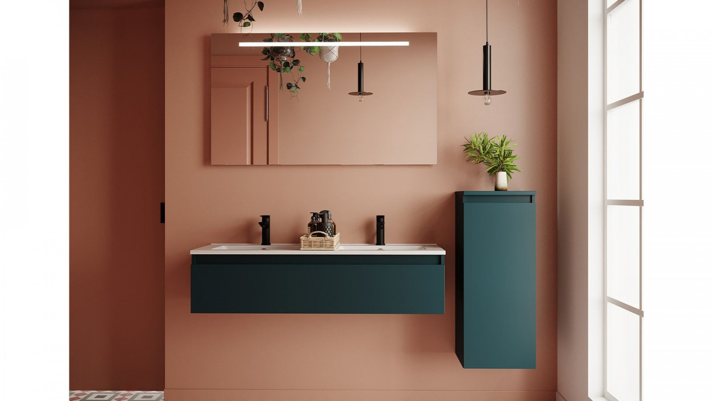 Meuble de salle de bain suspendu double vasque intégrée 120cm 1 tiroir Bleu + miroir + colonne ouverture droite - Rivage