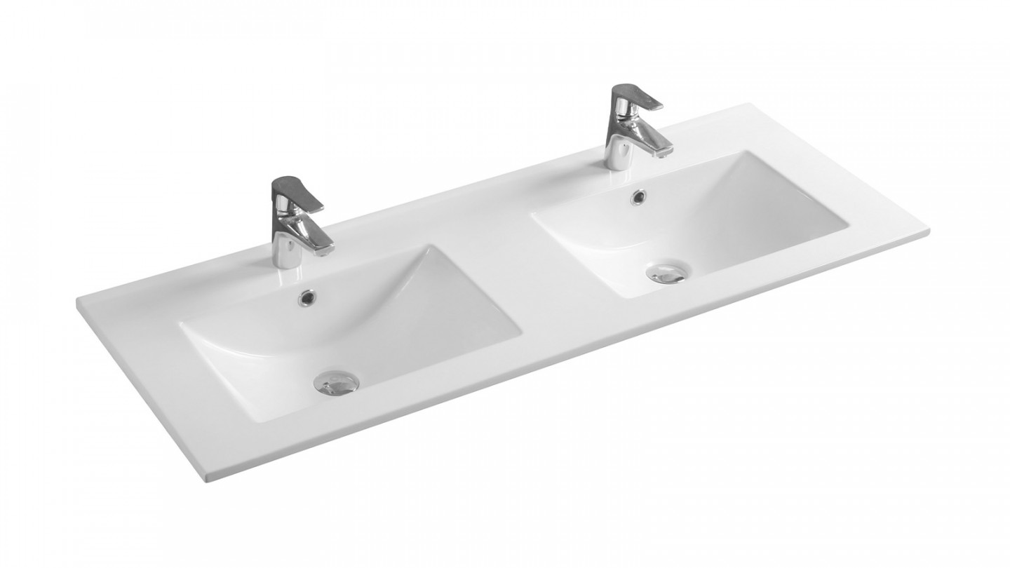 Meuble de salle de bain suspendu double vasque intégrée 120cm 1 tiroir Bleu + miroir + colonne ouverture droite - Rivage