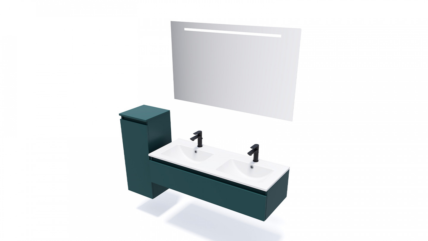 Meuble de salle de bain suspendu double vasque intégrée 120cm 1 tiroir Bleu + miroir + colonne ouverture gauche - Rivage