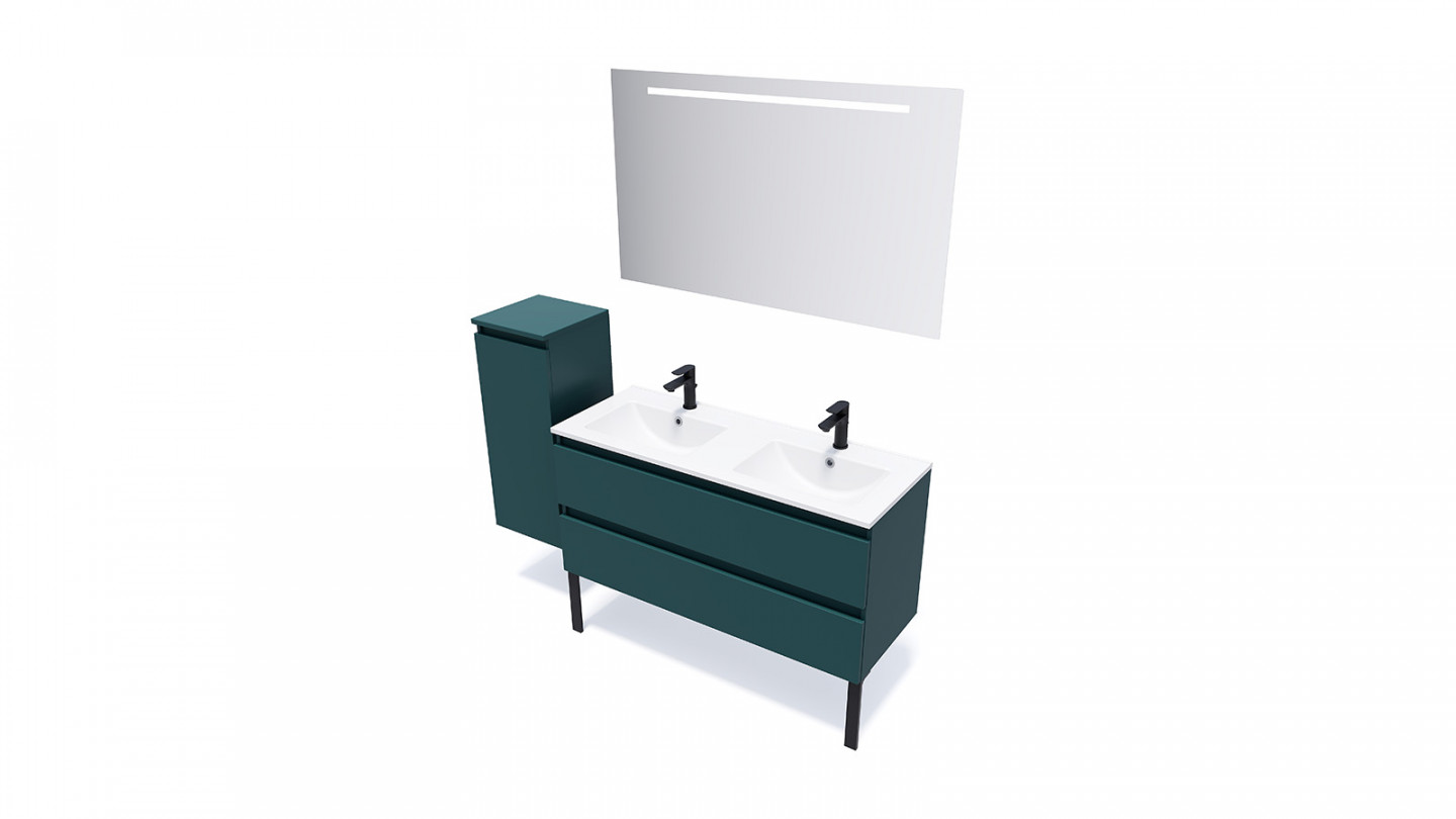 Meuble de salle de bain suspendu double vasque intégrée 120cm 2 tiroirs Bleu + miroir - Rivage