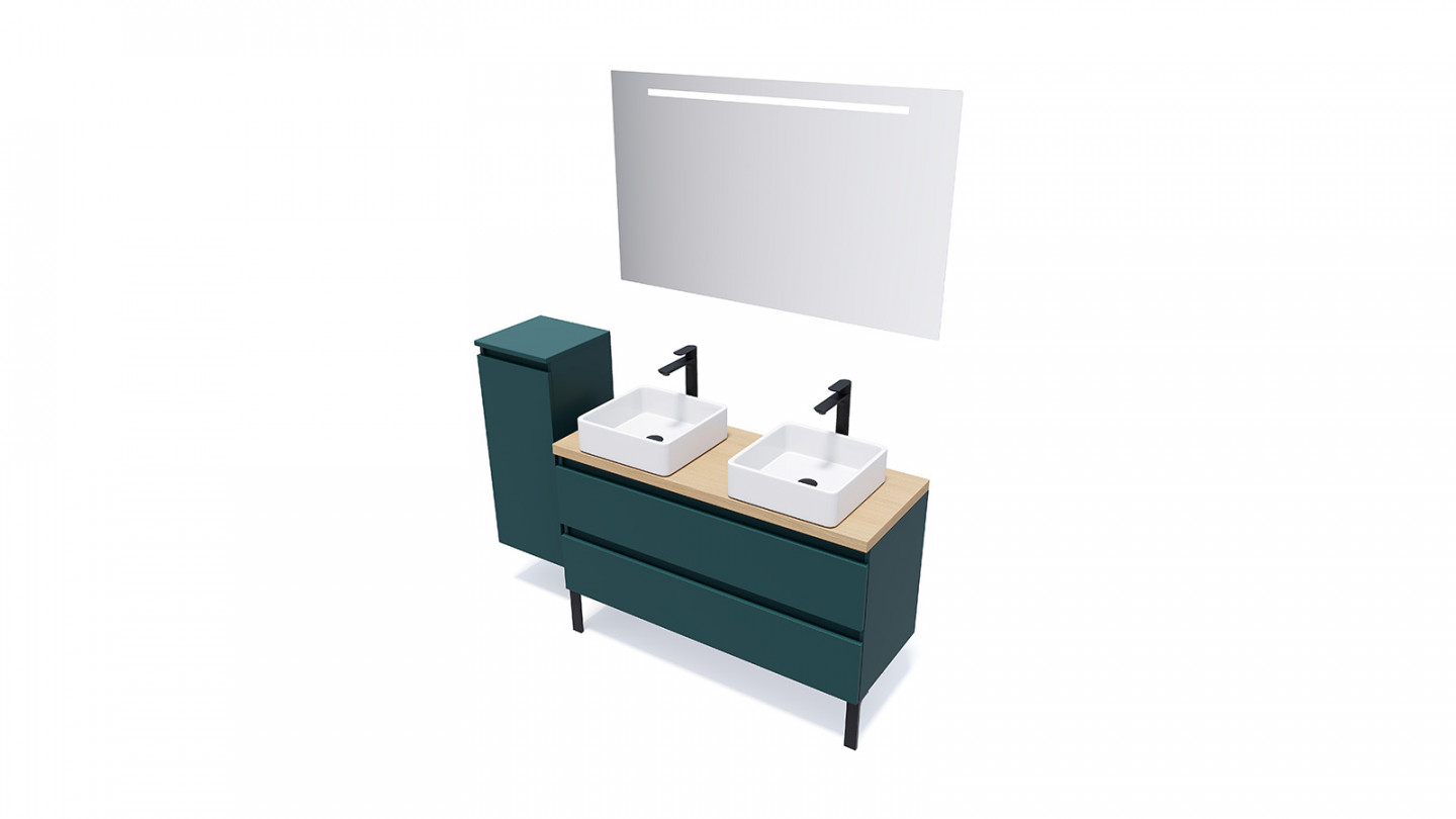 Meuble de salle de bain suspendu 2 vasques à poser 120cm 2 tiroirs Bleu + miroir + colonne ouverture gauche - Rivage