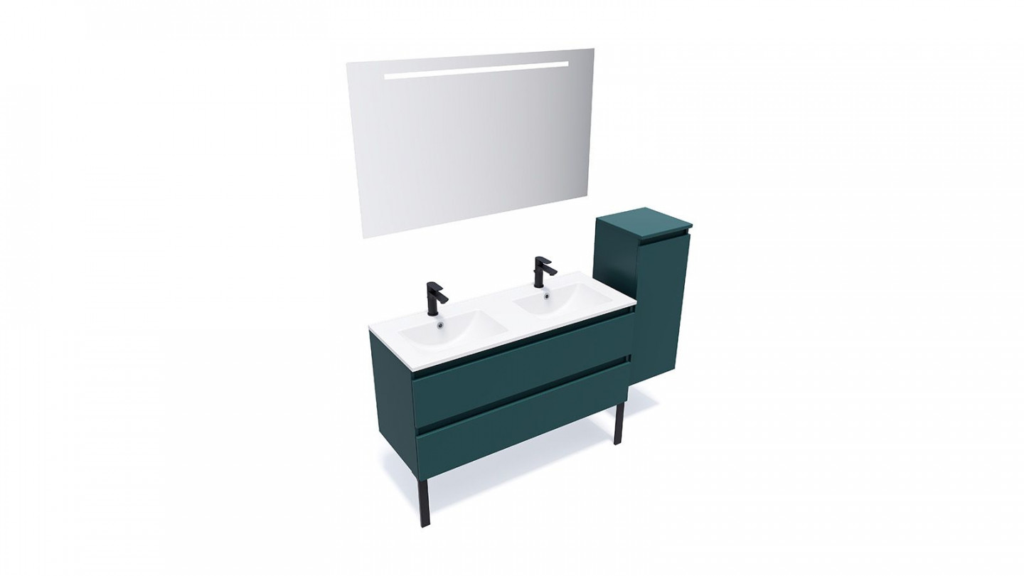 Meuble de salle de bain suspendu double vasque intégrée 120cm 2 tiroirs Bleu + miroir + colonne ouverture droite - Rivage