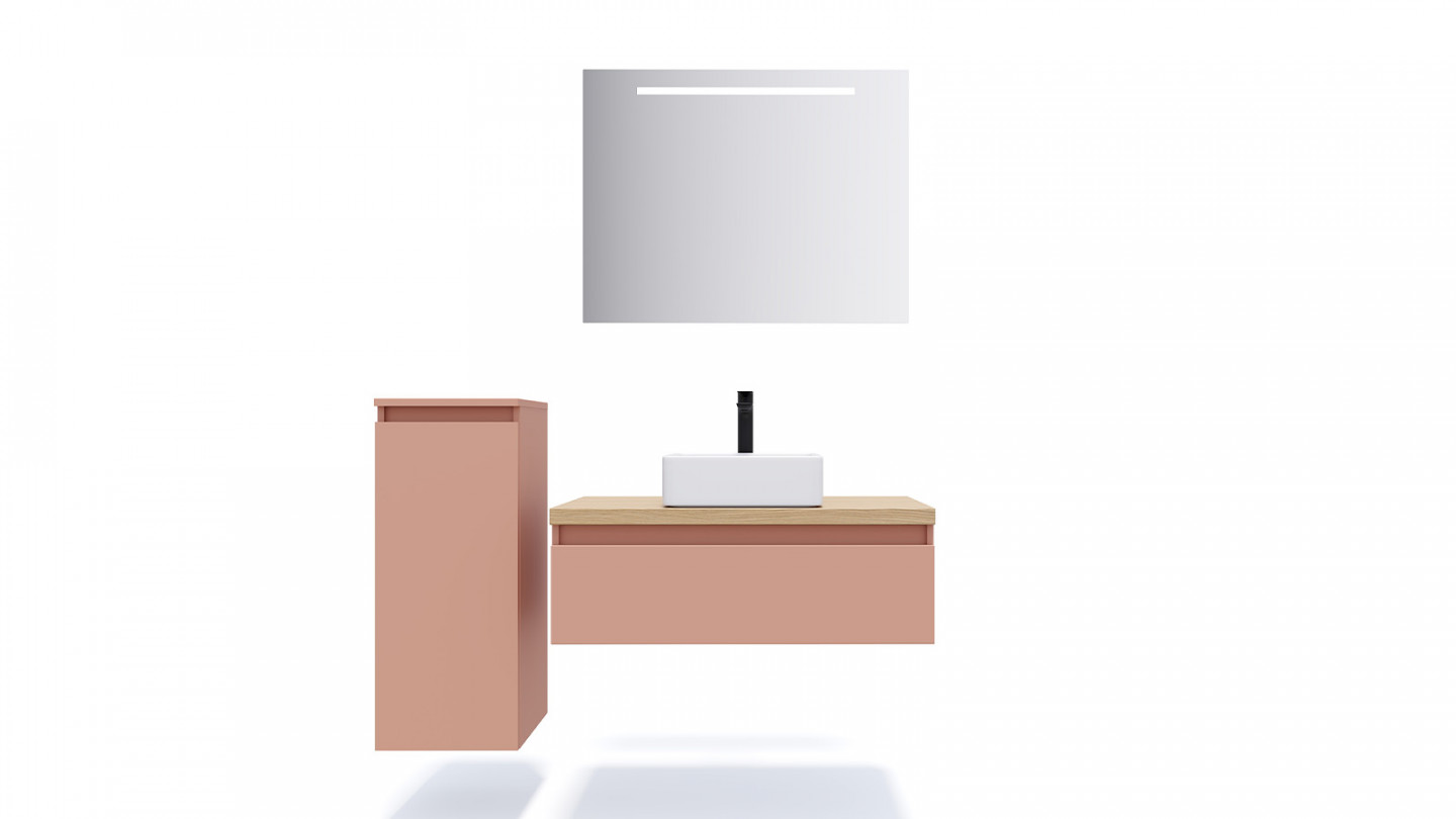 Meuble de salle de bain suspendu vasque à poser 90cm 1 tiroir Abricot + miroir + colonne ouverture gauche - Rivage