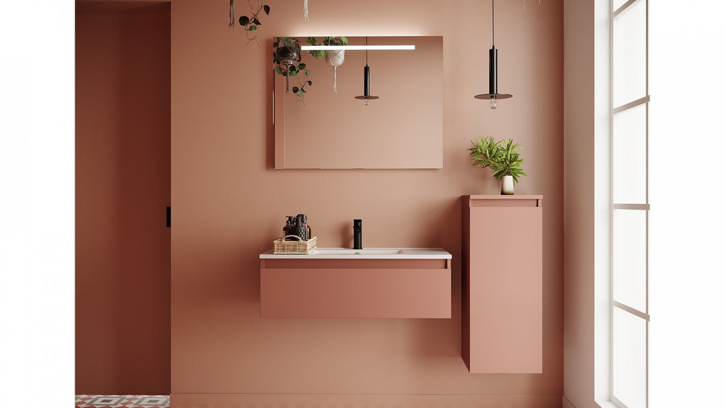 Meuble de salle de bain suspendu vasque intégrée 90cm 1 tiroir Abricot + miroir + colonne ouverture droite - Rivage