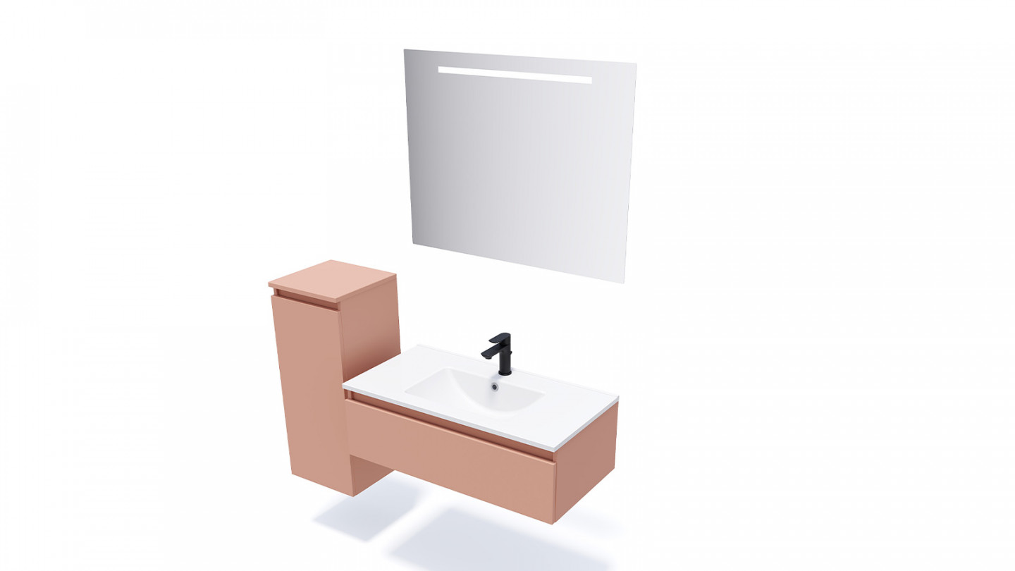 Meuble de salle de bain suspendu vasque intégrée 90cm 1 tiroir Abricot + miroir + colonne ouverture gauche - Rivage