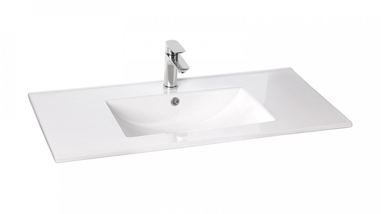 Meuble de salle de bain suspendu vasque intégrée 90cm 1 tiroir Abricot + miroir + colonne ouverture gauche - Rivage