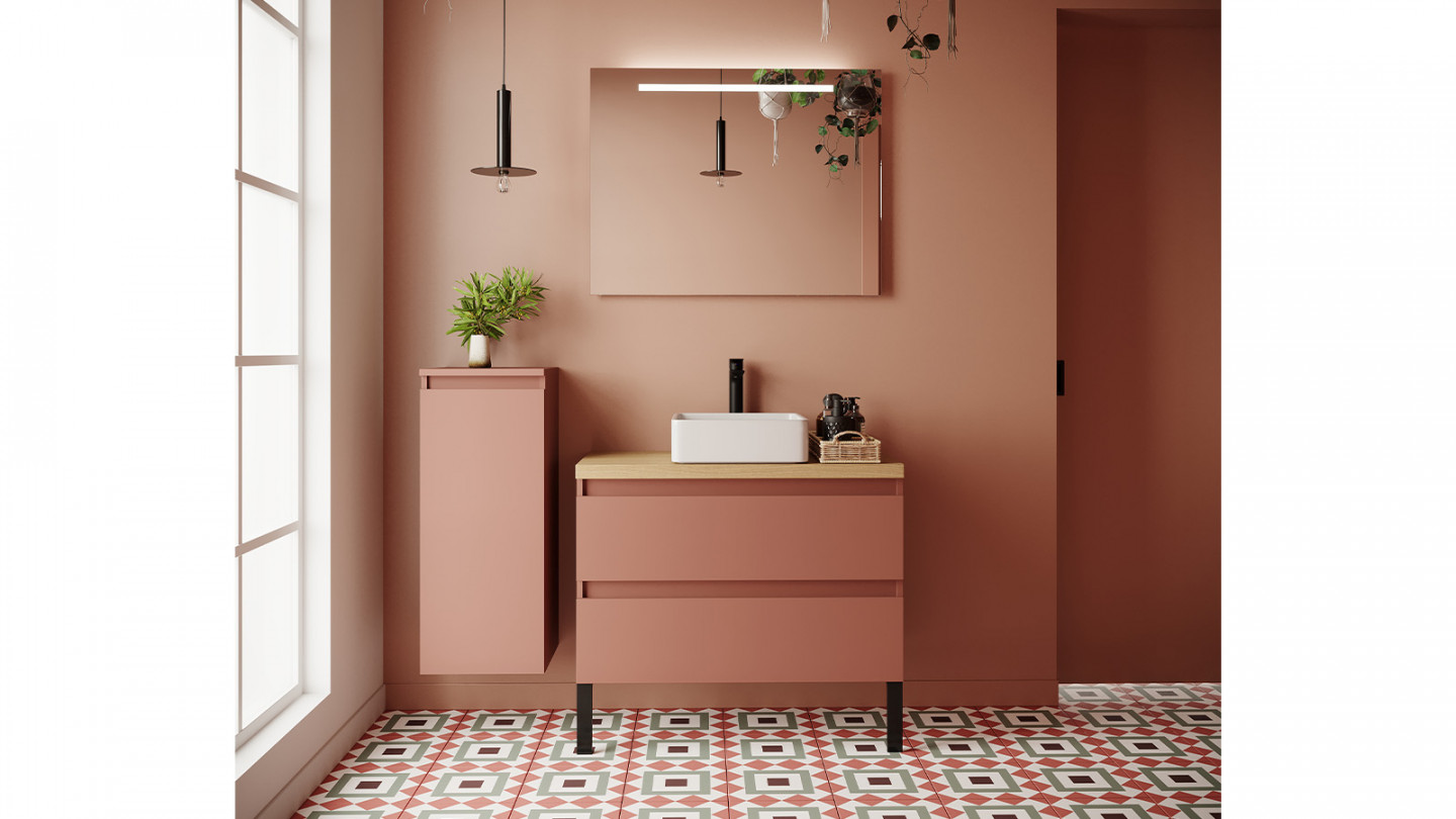 Meuble de salle de bain suspendu vasque à poser 90cm 2 tiroirs Abricot + miroir - Rivage