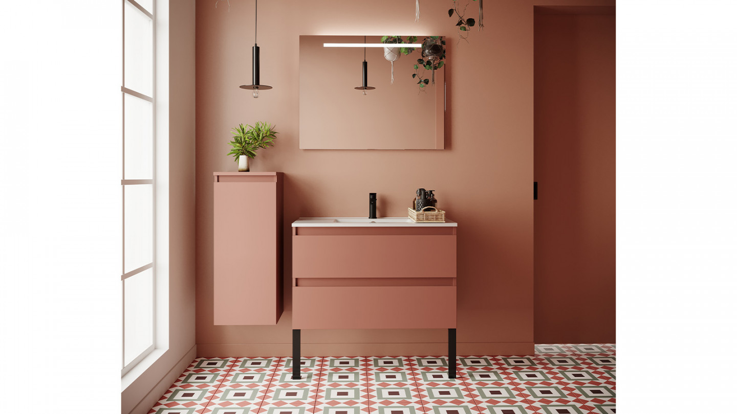 Meuble de salle de bain suspendu vasque intégrée 90cm 2 tiroirs Abricot + miroir - Rivage