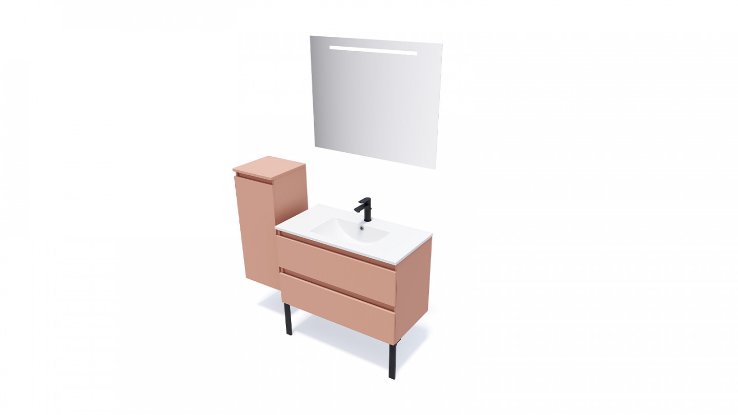 Meuble de salle de bain suspendu vasque intégrée 90cm 2 tiroirs Abricot + miroir - Rivage