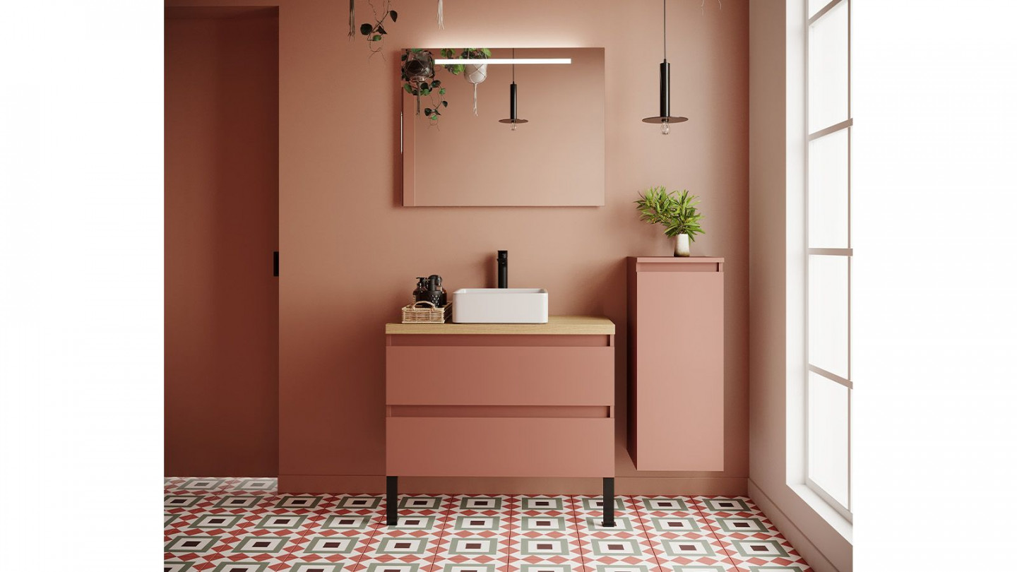 Meuble de salle de bain suspendu vasque à poser 90cm 2 tiroirs Abricot + miroir + colonne ouverture droite - Rivage