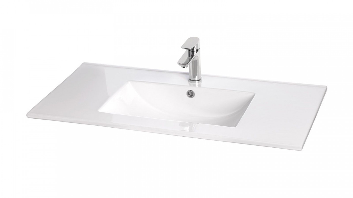 Meuble de salle de bain suspendu vasque intégrée 90cm 2 tiroirs Abricot + miroir + colonne ouverture droite - Rivage