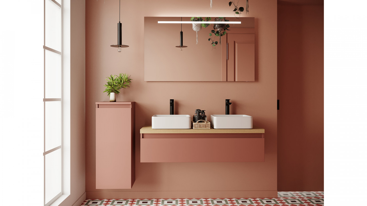 Meuble de salle de bain suspendu 2 vasques à poser 120cm 1 tiroir Abricot + miroir + colonne ouverture gauche - Rivage