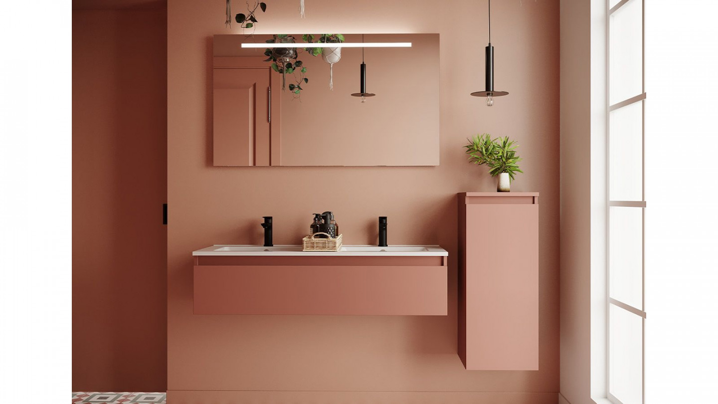 Meuble de salle de bain suspendu double vasque intégrée 120cm 1 tiroir Abricot + miroir + colonne ouverture droite - Rivage