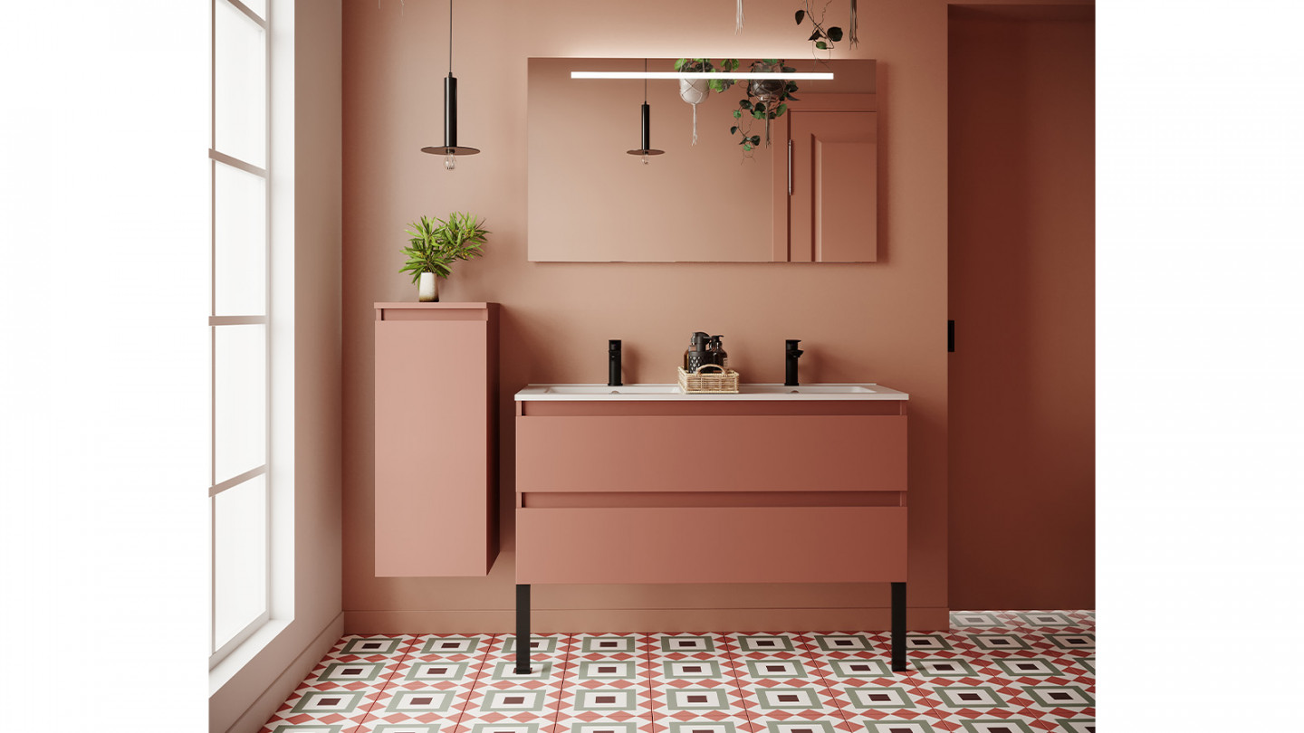 Meuble de salle de bain suspendu double vasque intégrée 120cm 2 tiroirs Abricot - Rivage