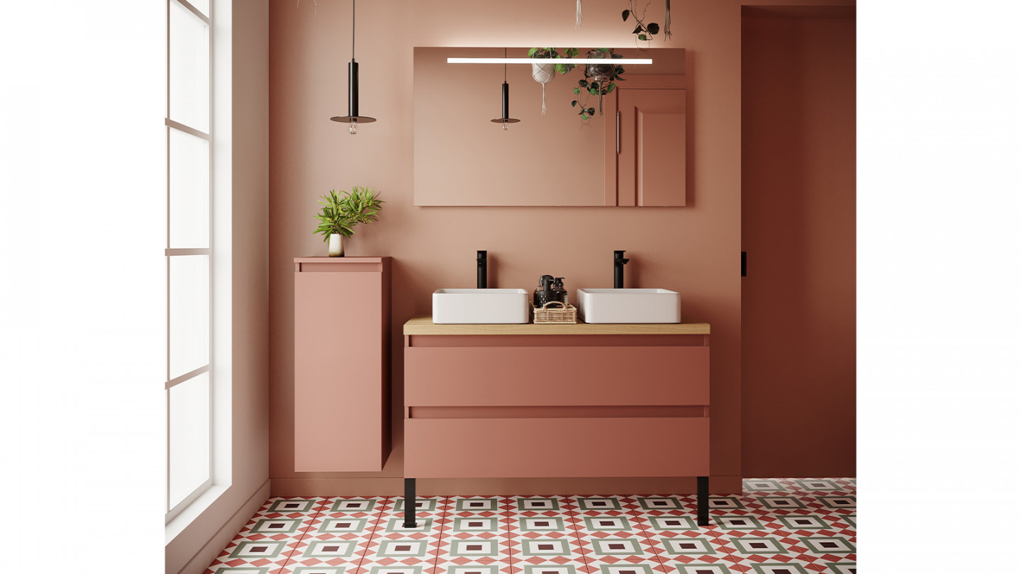 Meuble de salle de bain suspendu 2 vasques à poser 120cm 2 tiroirs Abricot + miroir - Rivage