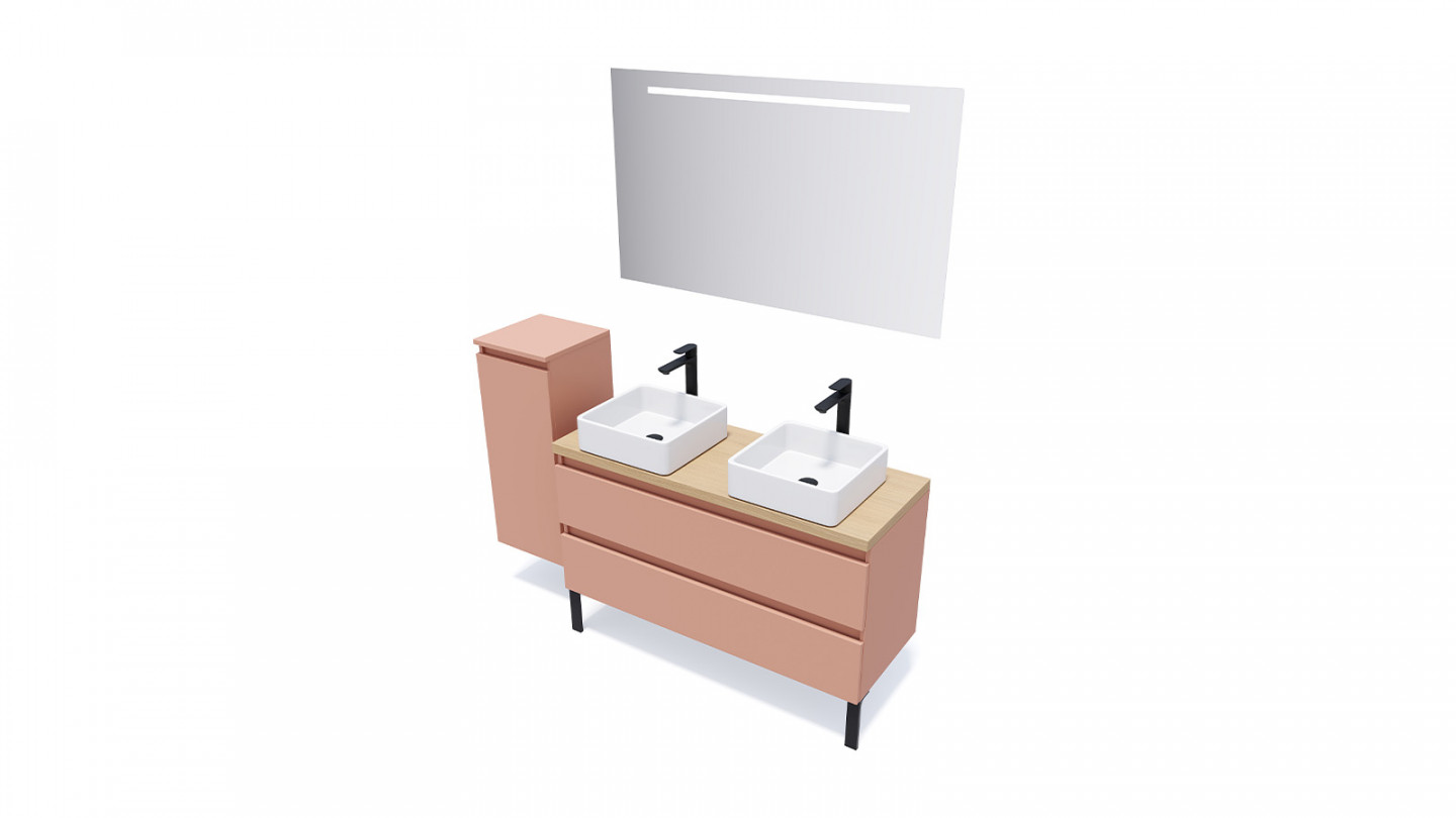 Meuble de salle de bain suspendu 2 vasques à poser 120cm 2 tiroirs Abricot + miroir - Rivage