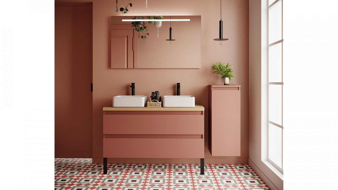 Meuble de salle de bain suspendu 2 vasques à poser 120cm 2 tiroirs Abricot + miroir + colonne ouverture droite - Rivage