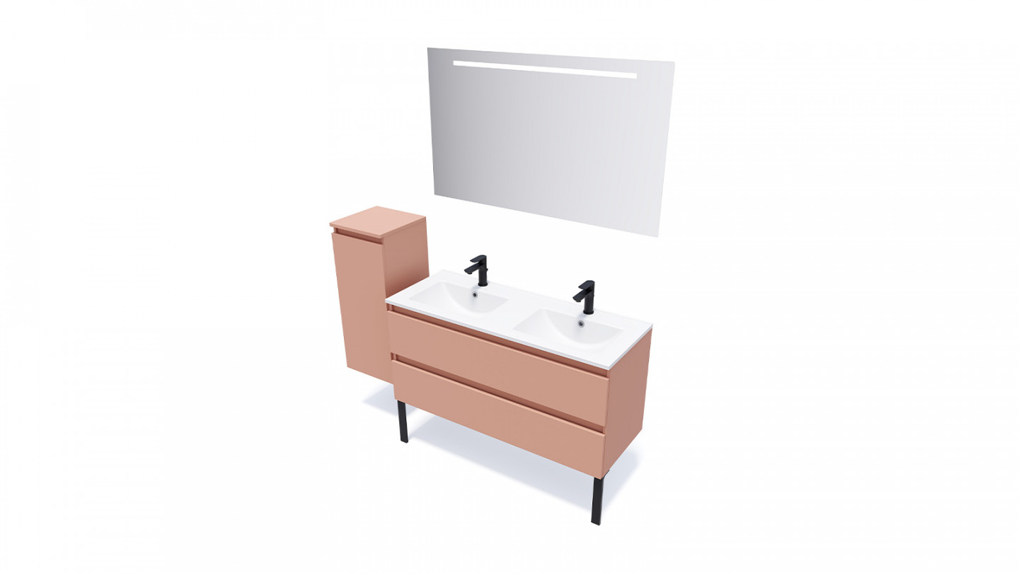 Meuble de salle de bain suspendu double vasque intégrée 120cm 2 tiroirs Abricot + miroir + colonne ouverture gauche - Rivage