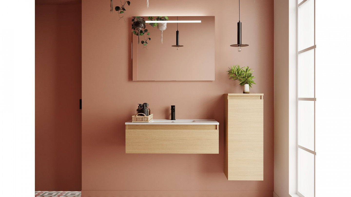 Meuble de salle de bain suspendu vasque intégrée 90cm 1 tiroir Chêne