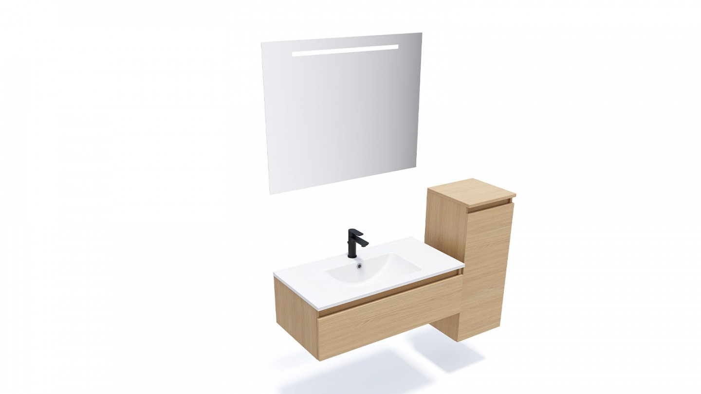 Meuble de salle de bain suspendu vasque intégrée 90cm 1 tiroir Chêne clair + miroir + colonne ouverture droite - Rivage