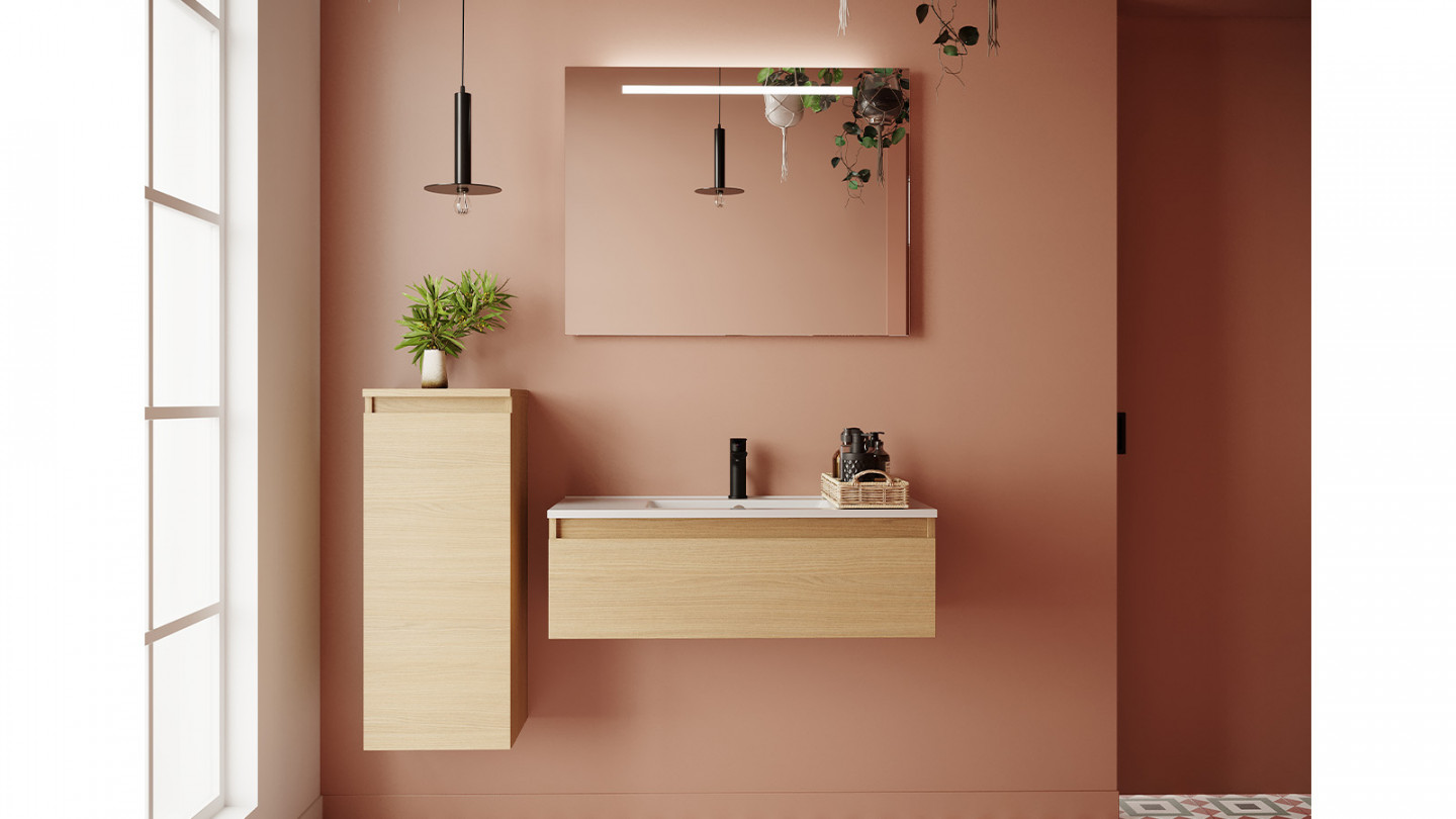 Meuble de salle de bain suspendu vasque intégrée 90cm 1 tiroir Chêne clair + miroir + colonne ouverture gauche - Rivage