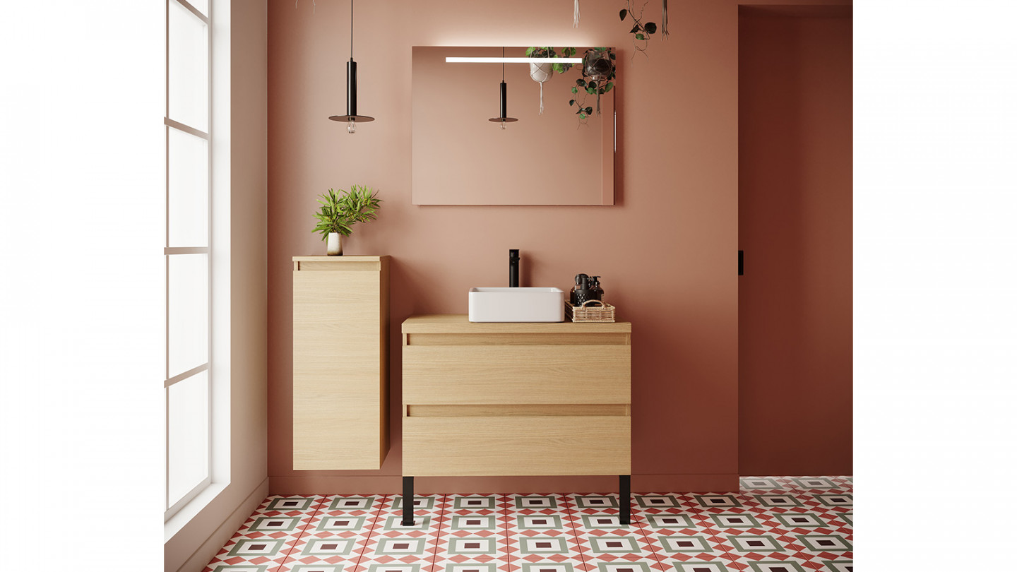 Meuble de salle de bain suspendu vasque à poser 90cm 2 tiroirs Chêne clair - Rivage