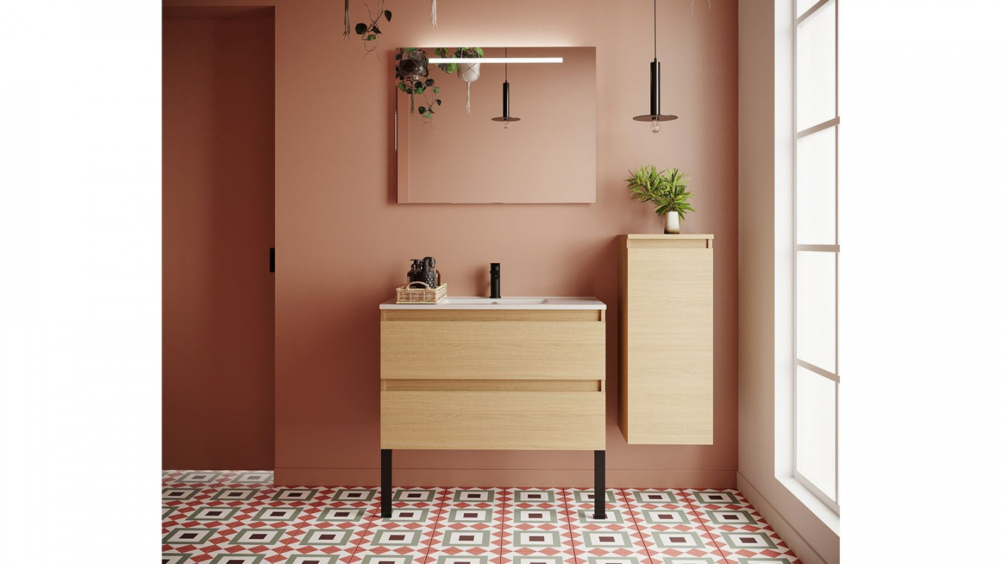Meuble de salle de bain suspendu vasque intégrée 90cm 2 tiroirs Chêne clair + miroir + colonne ouverture droite - Rivage