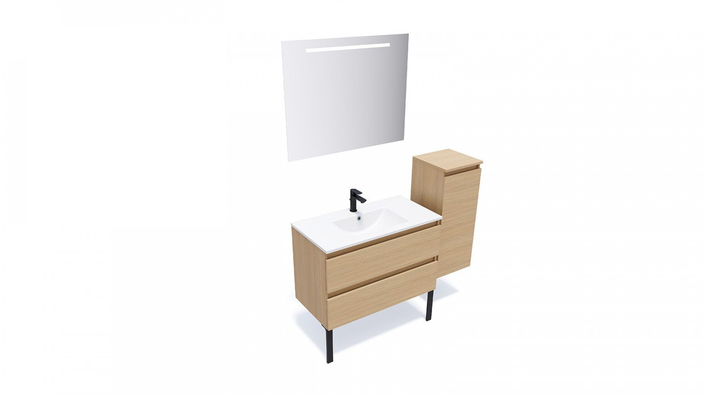 Meuble de salle de bain suspendu vasque intégrée 90cm 2 tiroirs Chêne clair + miroir + colonne ouverture droite - Rivage