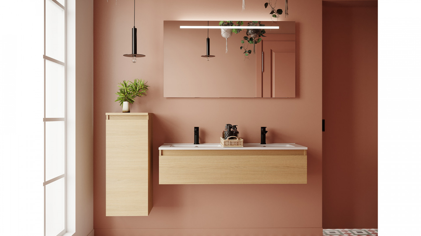 Meuble de salle de bain suspendu double vasque intégrée 120cm 1 tiroir Chêne clair + miroir - Rivage