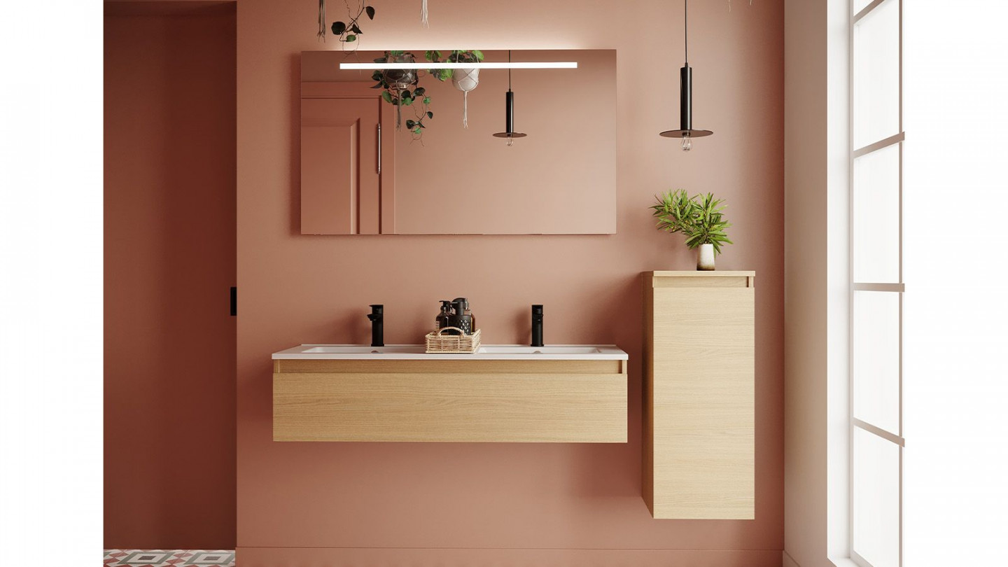 Meuble de salle de bain suspendu double vasque intégrée 120cm 1 tiroir