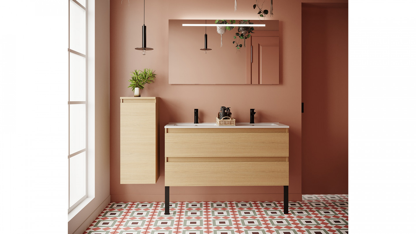 Meuble de salle de bain suspendu double vasque intégrée 120cm 2 tiroirs
