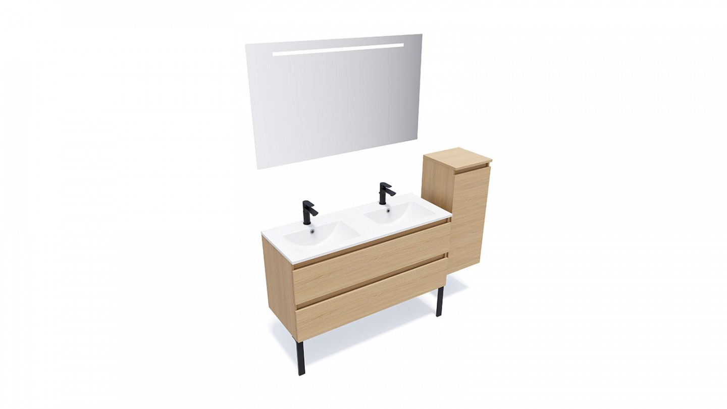Meuble de salle de bain suspendu double vasque intégrée 120cm 2 tiroirs Chêne clair + miroir + colonne ouverture droite - Rivage