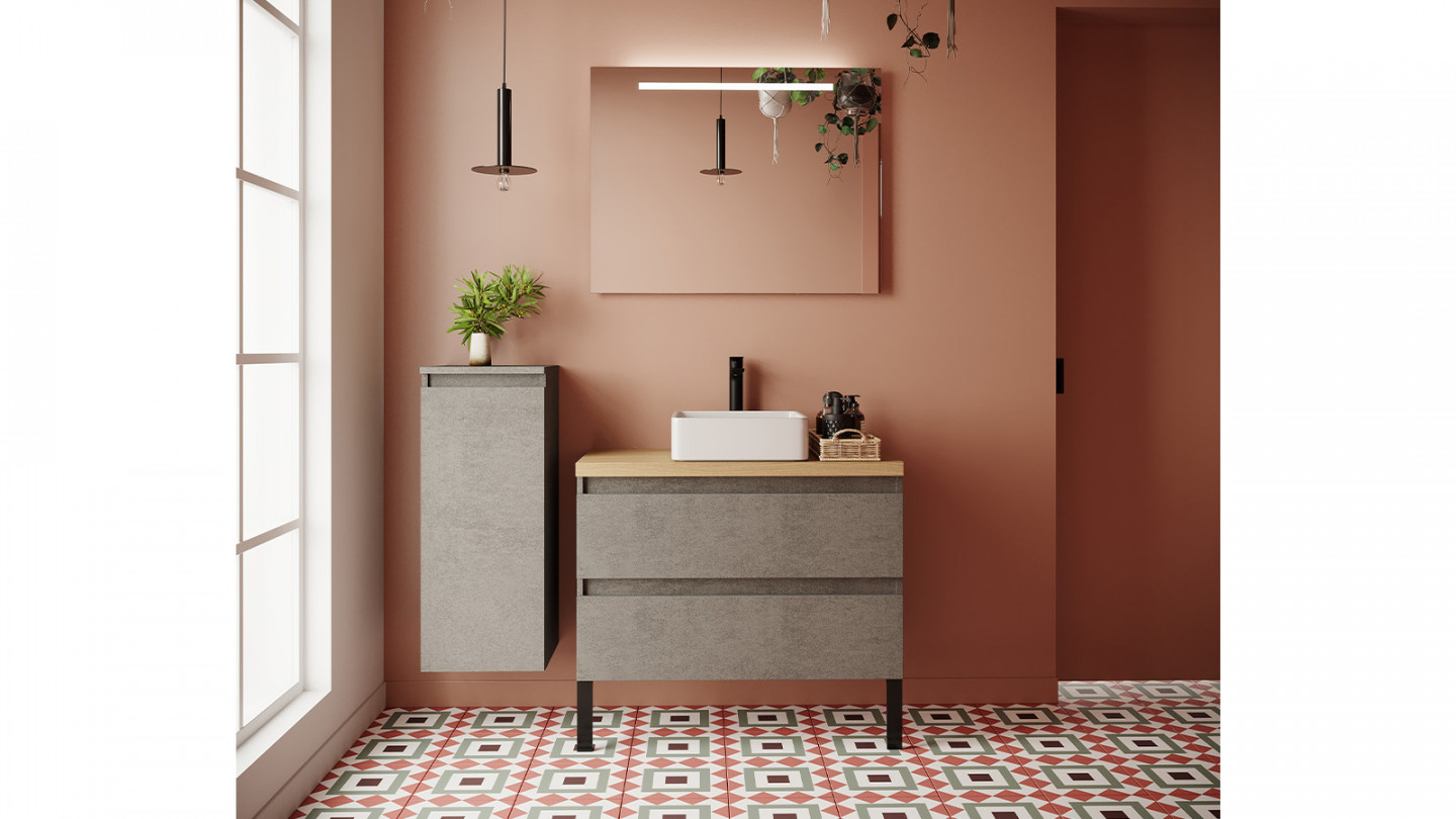 Meuble de salle de bain suspendu vasque à poser 90cm 2 tiroirs façon Béton + miroir + colonne ouverture gauche - Rivage