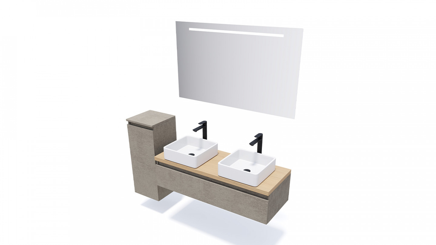 Meuble de salle de bain suspendu 2 vasques à poser 120cm 1 tiroir façon Béton + miroir - Rivage