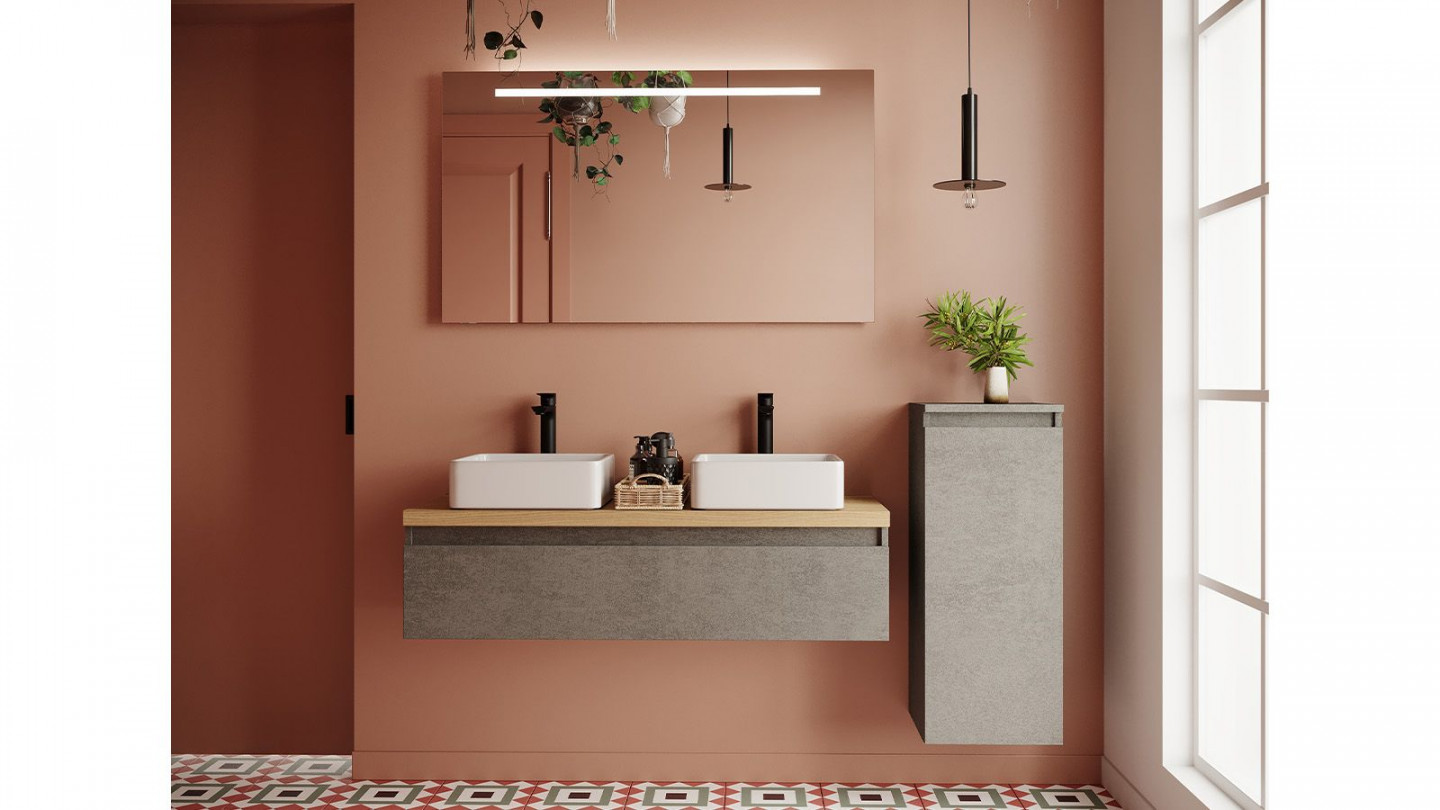 Meuble de salle de bain suspendu 2 vasques à poser 120cm 1 tiroir façon