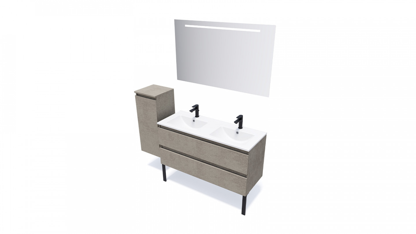 Meuble de salle de bain suspendu double vasque intégrée 120cm 2 tiroirs façon Béton + miroir + colonne ouverture gauche - Rivage