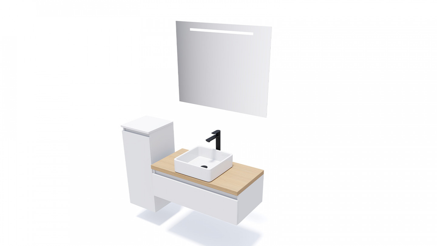 Meuble de salle de bain suspendu vasque à poser 90cm 1 tiroir Blanc + miroir - Rivage
