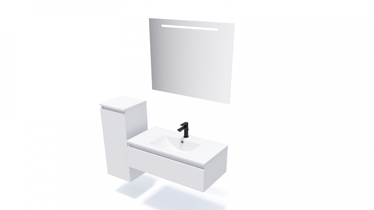 Meuble de salle de bain suspendu vasque intégrée 90cm 1 tiroir Blanc + miroir - Rivage