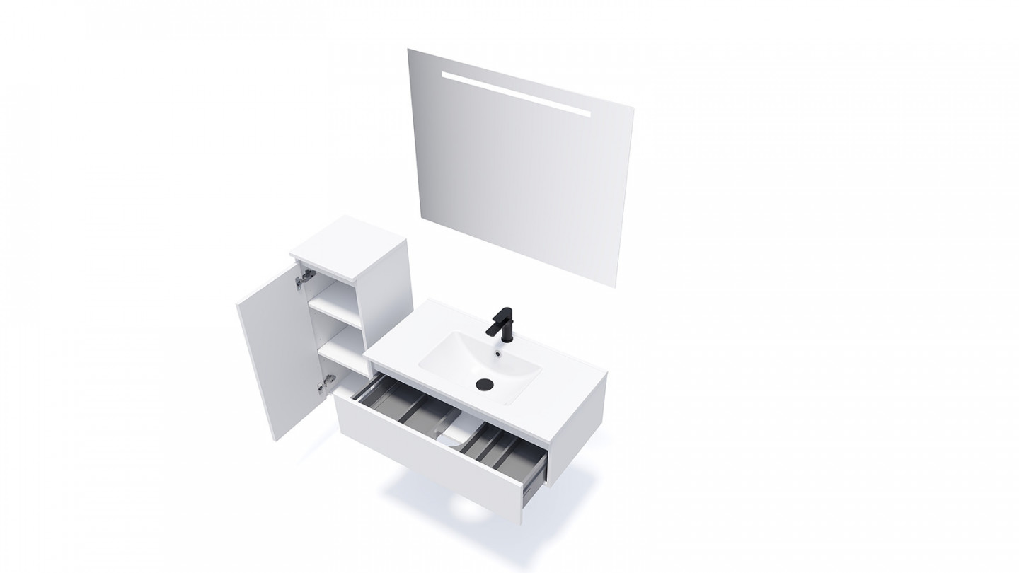 Meuble de salle de bain suspendu vasque intégrée 90cm 1 tiroir Blanc + miroir - Rivage