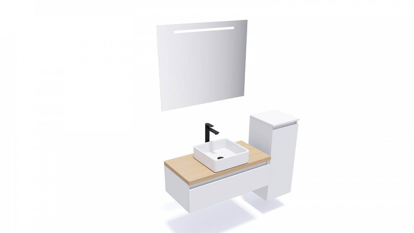 Meuble de salle de bain suspendu vasque à poser 90cm 1 tiroir Blanc + miroir + colonne ouverture droite - Rivage