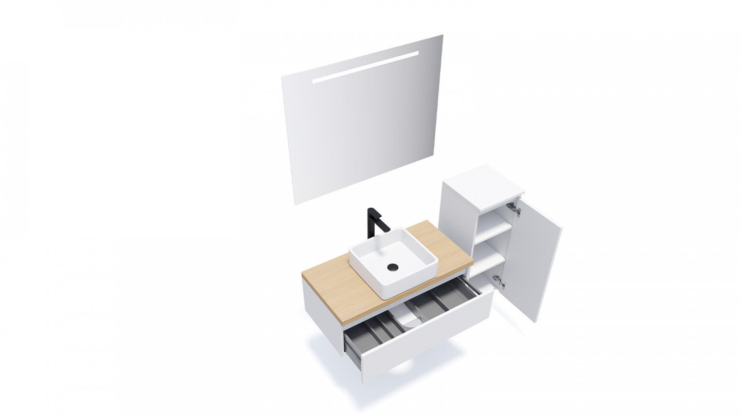 Meuble de salle de bain suspendu vasque à poser 90cm 1 tiroir Blanc + miroir + colonne ouverture droite - Rivage