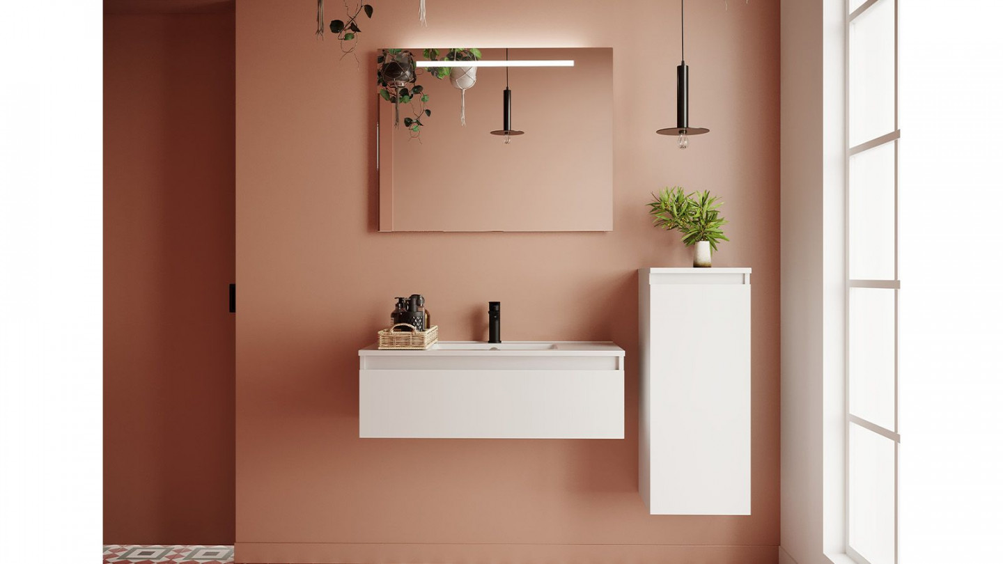 Meuble de salle de bain suspendu vasque intégrée 90cm 1 tiroir Blanc + miroir + colonne ouverture droite - Rivage