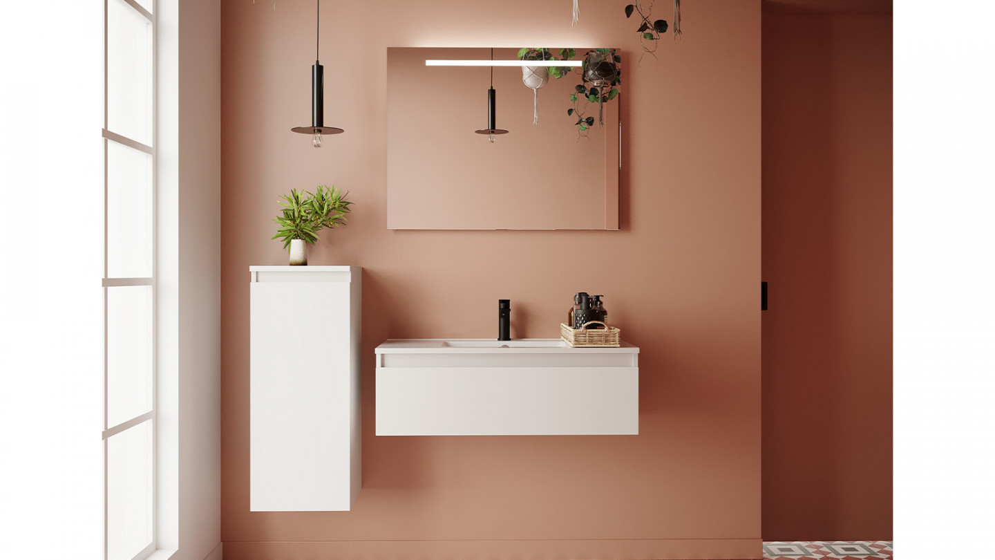 Meuble de salle de bain suspendu vasque intégrée 90cm 1 tiroir Blanc + miroir + colonne ouverture gauche - Rivage