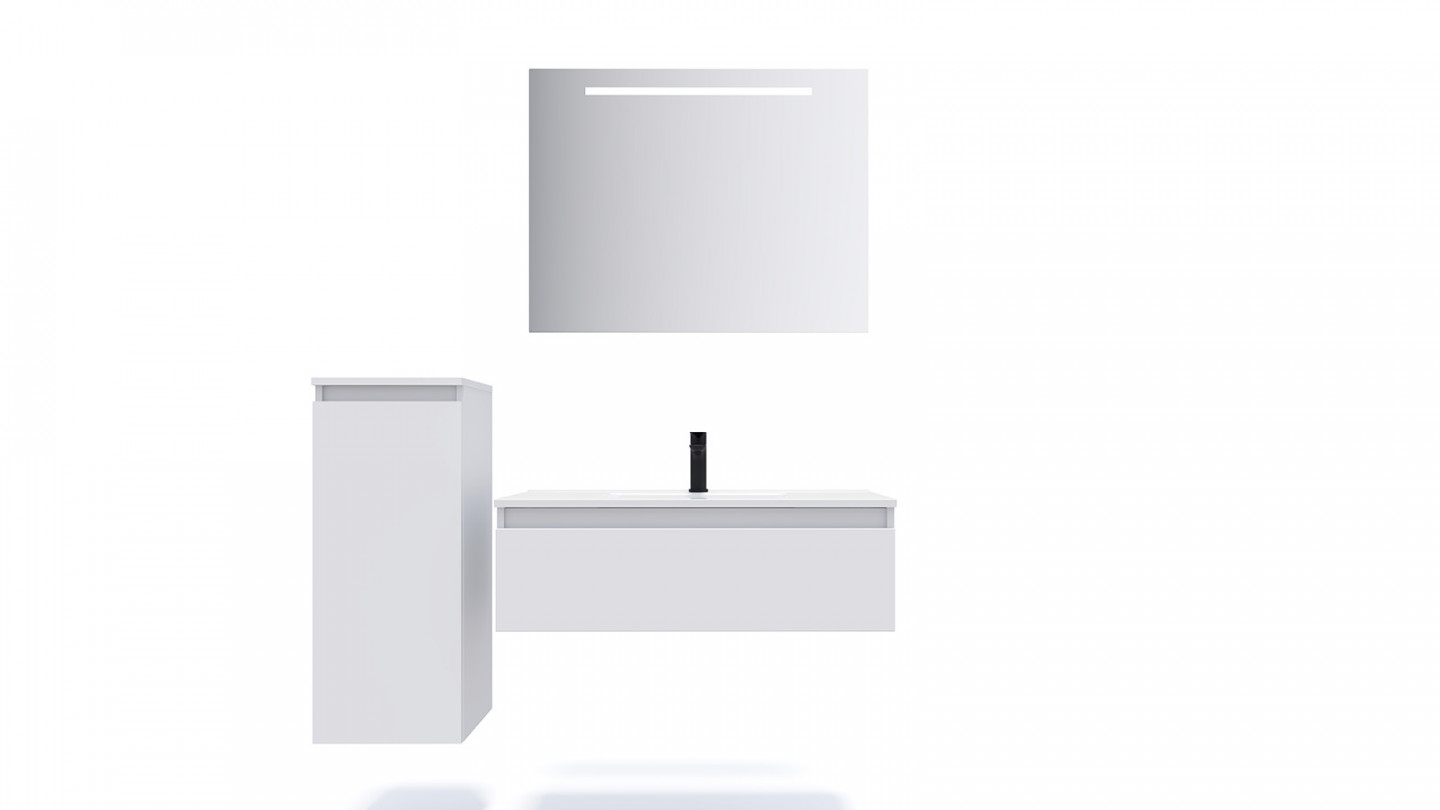 Meuble de salle de bain suspendu vasque intégrée 90cm 1 tiroir Blanc + miroir + colonne ouverture gauche - Rivage