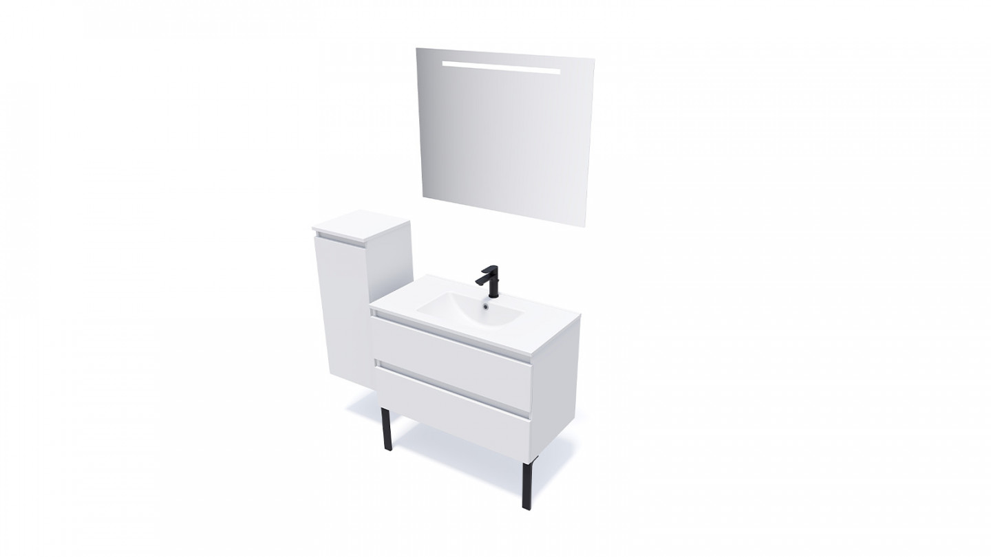 Meuble de salle de bain suspendu vasque intégrée 90cm 2 tiroirs Blanc - Rivage