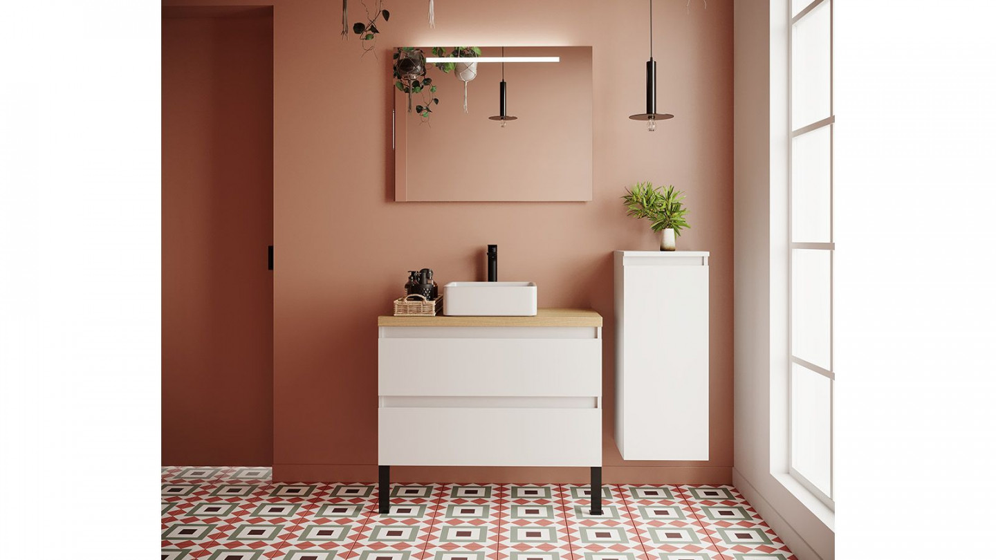 Meuble de salle de bain suspendu vasque à poser 90cm 2 tiroirs Blanc + miroir + colonne ouverture droite - Rivage
